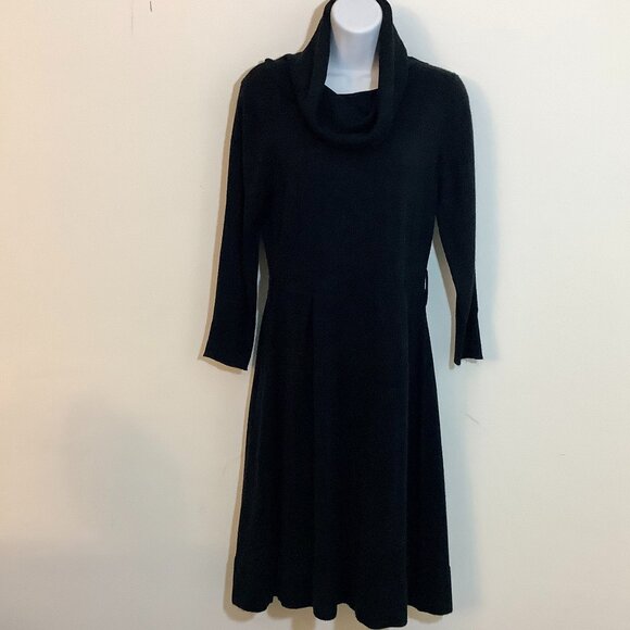 Black Sweater Feel Acrylic Dress Cowl Neck Long Sleeve Fitted Waist Sz Medium - Picture 1 of 11
